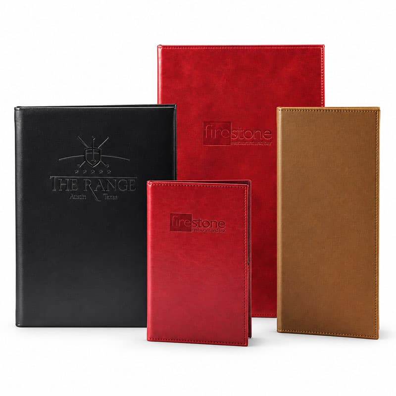 Custom leather menu covers in black, red and brown