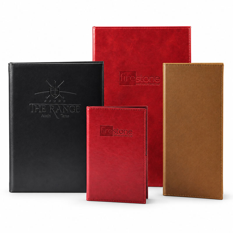 Custom leather menu covers in black, red and brown