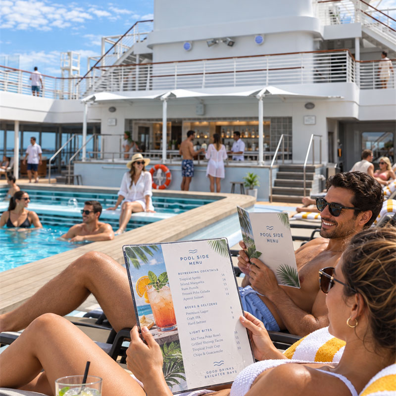 Waterproof hospitality products for cruise pool decks