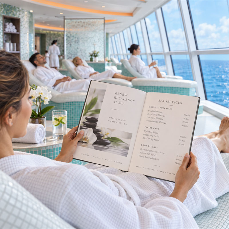 Spa menus and guest service displays for cruise ships