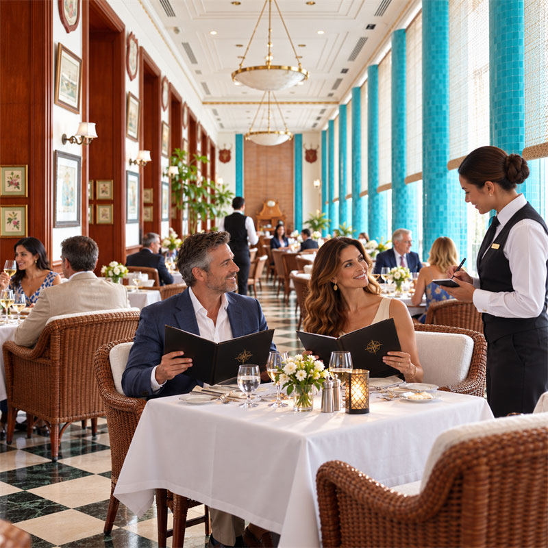 Hotel restaurant menu and tabletop presentation